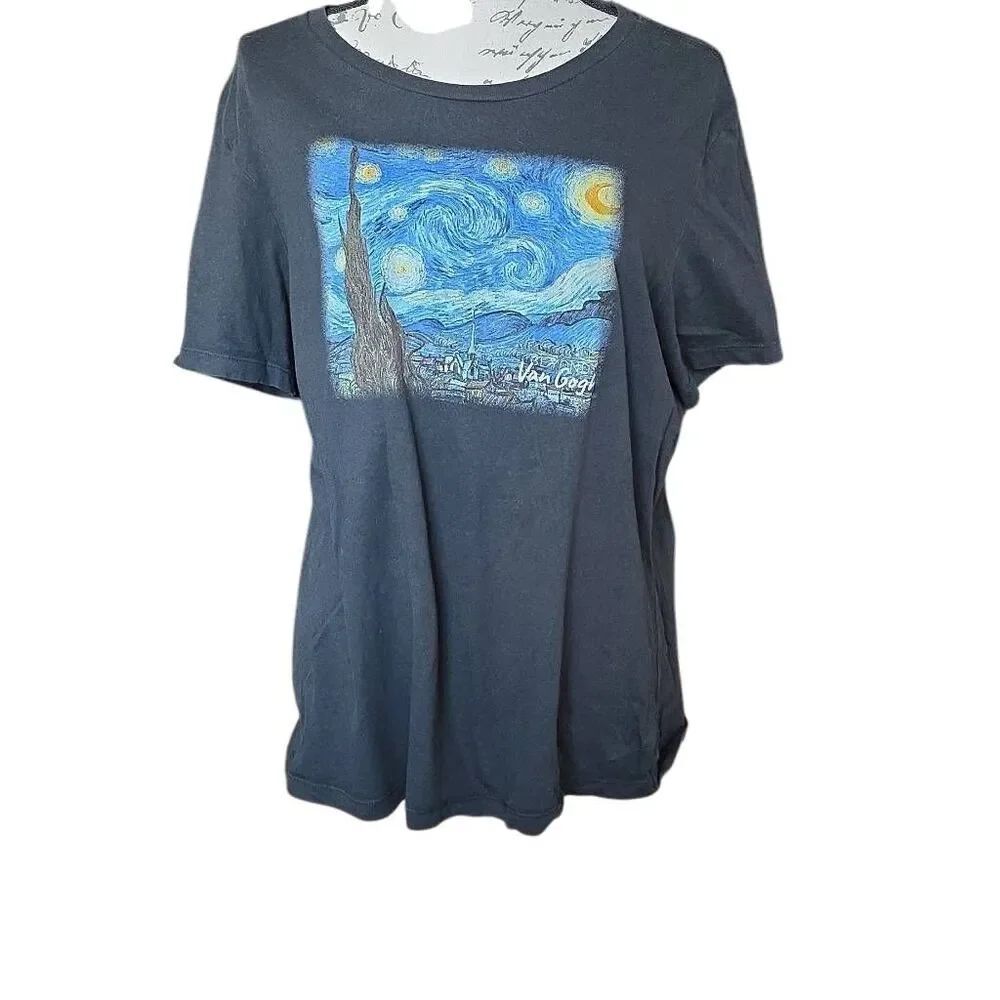 Women's Size Large Black Blue Beyond Van Gogh Starry Nights Short Sleeve T-shirt